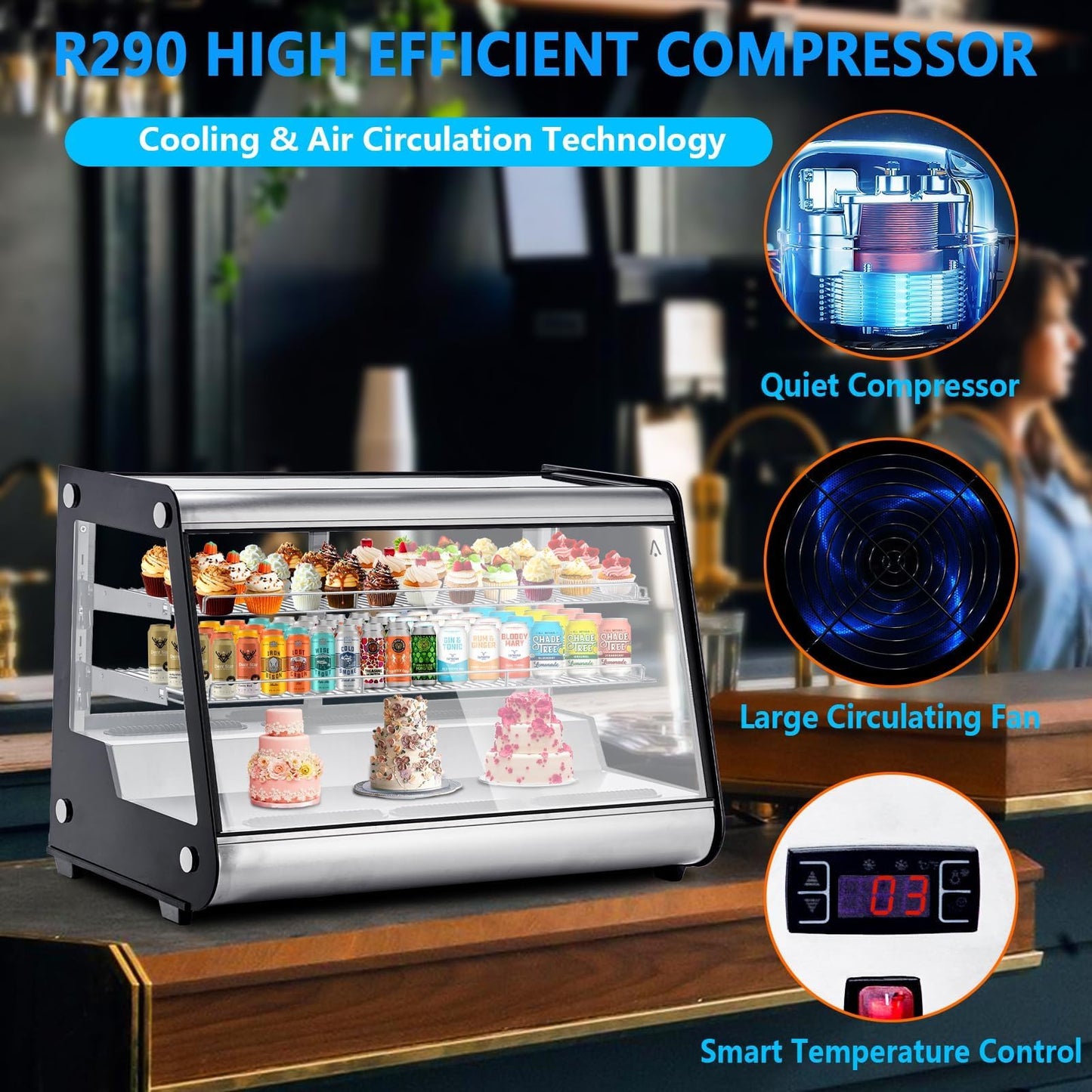 PeacefulHues Commercial Display Refrigerator 6.5 Cu Ft, Countertop Refrigerated Display Case with LED Lighting for Bakery, Cafe, 110V/176W