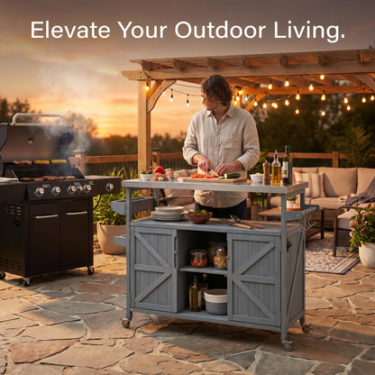 50" Outdoor Kitchen Island Grill Cart with 201 Stainless Steel Top, Solid Fir Wood, Modular Design, Internal Storage & Adjustable Shelves, 4 Lockable Wheels, 400LBS Capacity for Patio BBQ, Blue