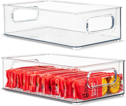 Plastic Food Storage 2 Pack Clear Container Bin with Handles for Kitchen, Pantry, Refrigerator, Stackable 10”x6”x3”