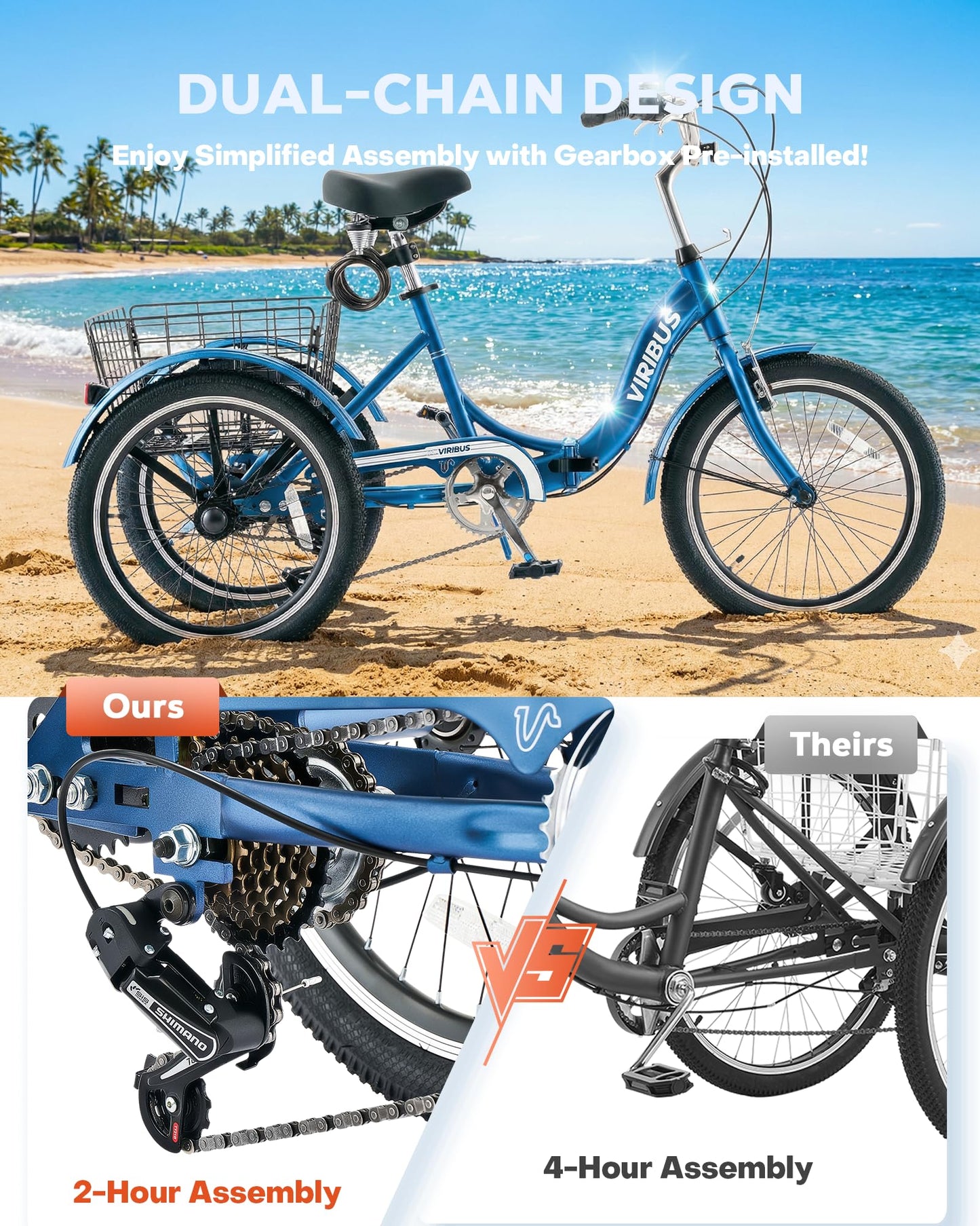 VIRIBUS Folding Tricycle for Adults, 20 inch 7 Speed Foldable Adult Tricycle for Men Seniors with Dual Chain, Folding 3 Wheel Bike with Lock, Collapsible Three Wheel Bicycle 330lb. Blue