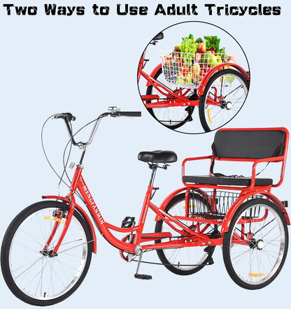 DONGSHAN Tricycle Adult Folding Bicycle Comfortable seat 3 Wheel Bicycle Rear Enlarged Vegetable Basket Double Chain 24in for Parents and Children Maximum Load 550lbs (24in-7speed-red)