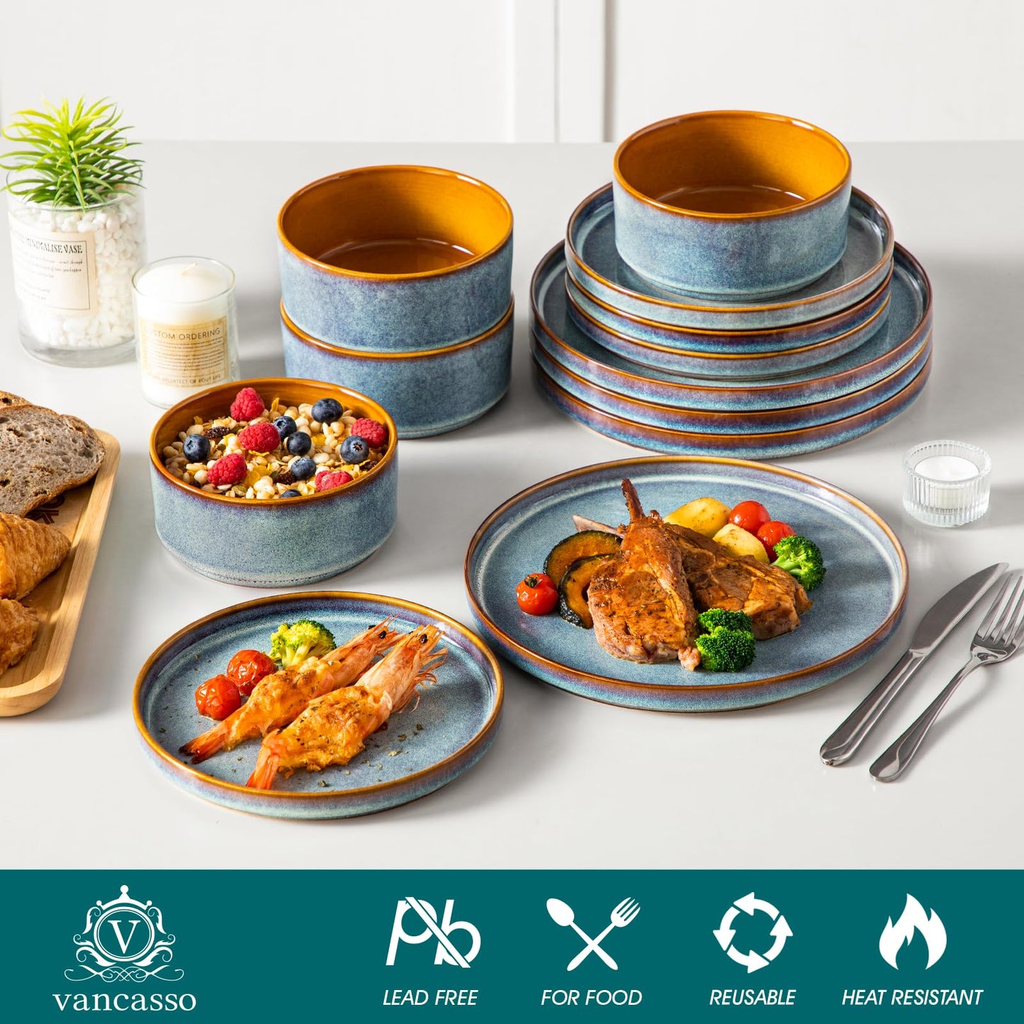 vancasso ONION Ceramic Dinnerware Sets, 12 Pieces Stoneware Plates and Bowls Sets for 4, Reactive Glaze Dishes Set for Kitchen, Dishwasher and Microwave Safe, Blue