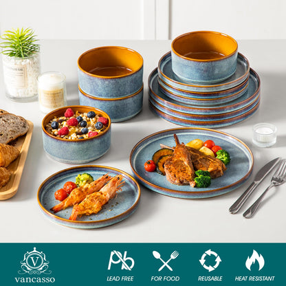 vancasso ONION Ceramic Dinnerware Sets, 12 Pieces Stoneware Plates and Bowls Sets for 4, Reactive Glaze Dishes Set for Kitchen, Dishwasher and Microwave Safe, Blue