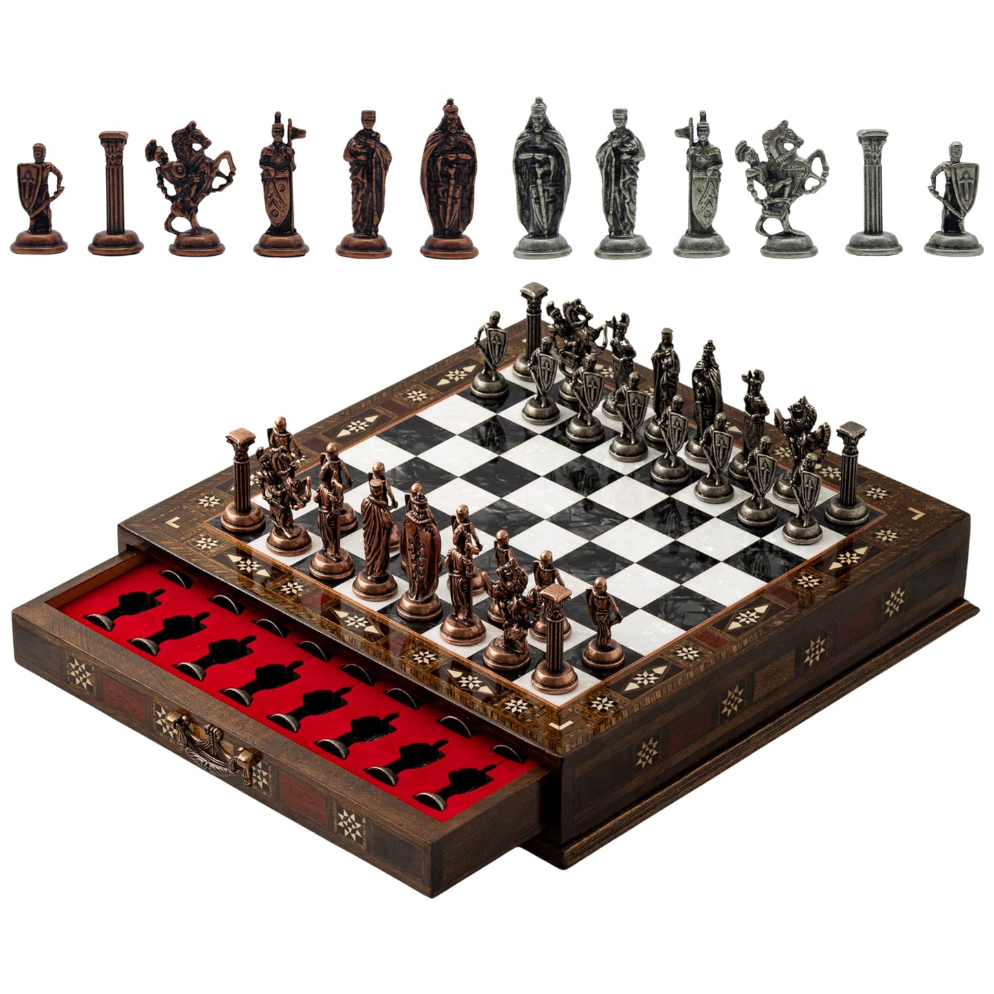15’’ Handmade Wooden Chess Set with British Army Metal Pieces – Luxury Storage Board – Gift for Adults, Fathers & Collectors, Gift for Him (Black)