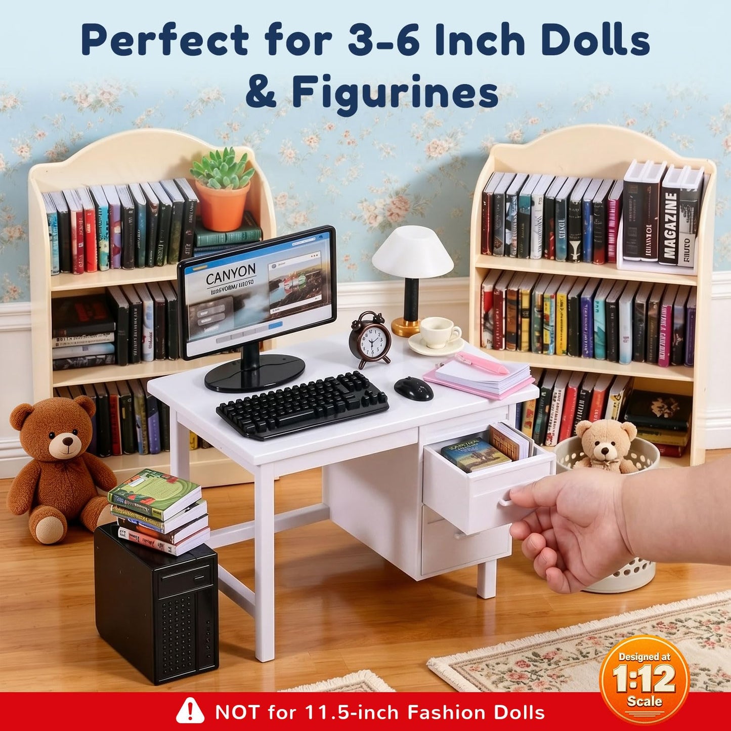 1:12 Scale Mini Desk Set with 100 Mini Books & 2 Bookshelves — Miniature Dollhouse Furniture Set with Office Chair, Computer & 15+ Accessories — Mini Desk Accessories for Doll House Diorama