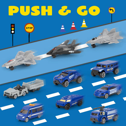 XDUOYJOY Police Helicopter Toy Playset with Vehicles, Fighter Jets, Airplane, SWAT Truck and Roadblocks, Police Rescue Patrol Car Toy for Kids Imaginative Pretend Play