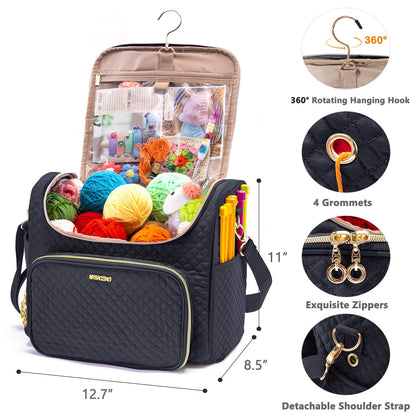 MYBAGZING Crochet Bag Organizer - Quilted Storage Bag with Hanging Hook, Knitting & Yarn Tote for Crochet Accessories, Mother's Day Gift