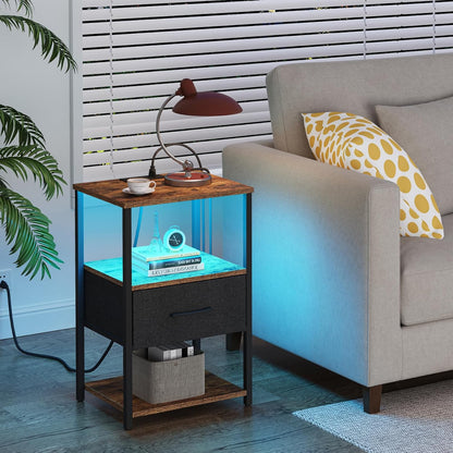 TB01BB069L TUTOTAK LED Nightstand, Night Stand with Charging Station, End Table, Bedside Table with Fabric Drawer