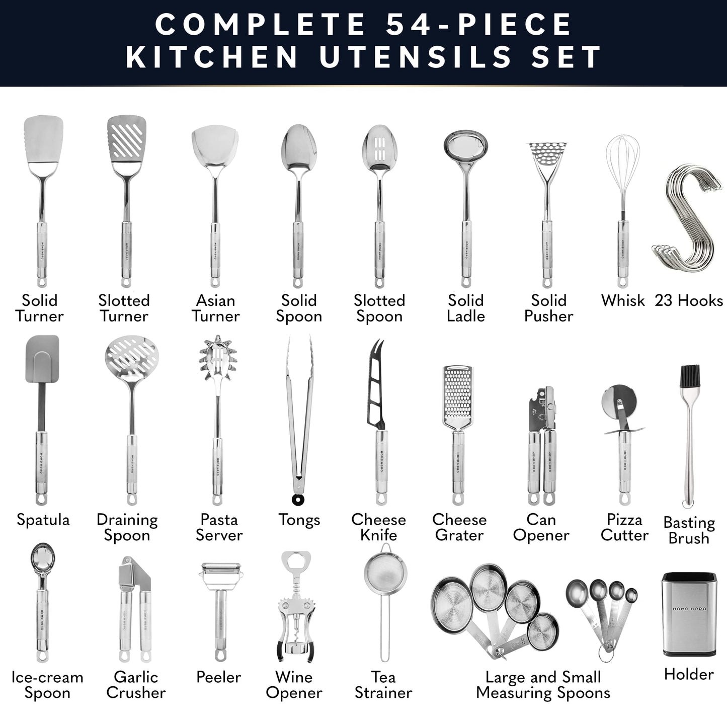 Home Hero 54-Piece Stainless Steel Kitchen Utensils Set - Heat-Resistant Nonstick Silicone & Stainless Steel Cooking Utensils - Complete Tools with Slotted Spoon & Pasta Spoon - Pack of 54, Silver