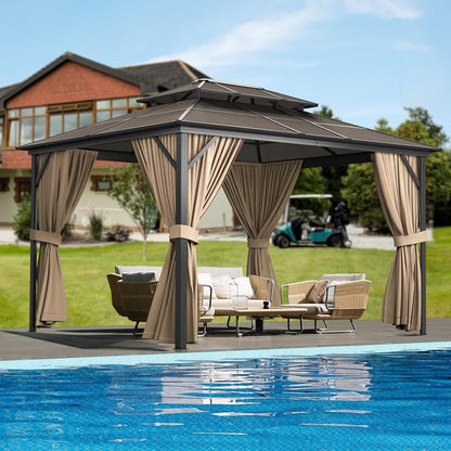 10' x 13' Hardtop Gazebo, Outdoor Aluminum Gazebo with Double Polycarbonate Roof, Permanent Patio Pavilion with Mosquito Netting and Privacy Curtains for Backyard, Garden, Lawn, Khaki