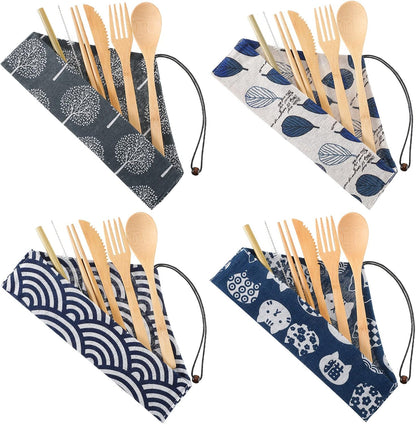 Boao 4 Sets Bamboo Utensils, Reusable Wooden Cutlery Set with Portable Case for Travel, Hiking, and Camping