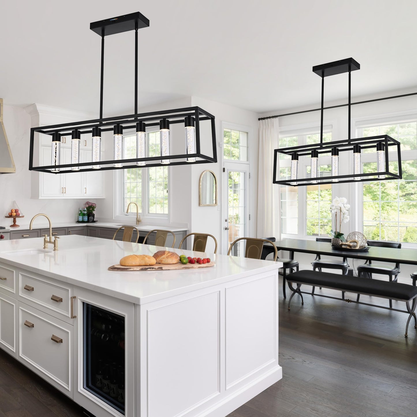 VINLUZ LED 7 Light Contemporary Dining Room Chandelier,Farmhouse Hanging Ceiling Kitchen Island Lighting in Matte Black Finish Rectangle Modern Pendant Light Adjustable Height