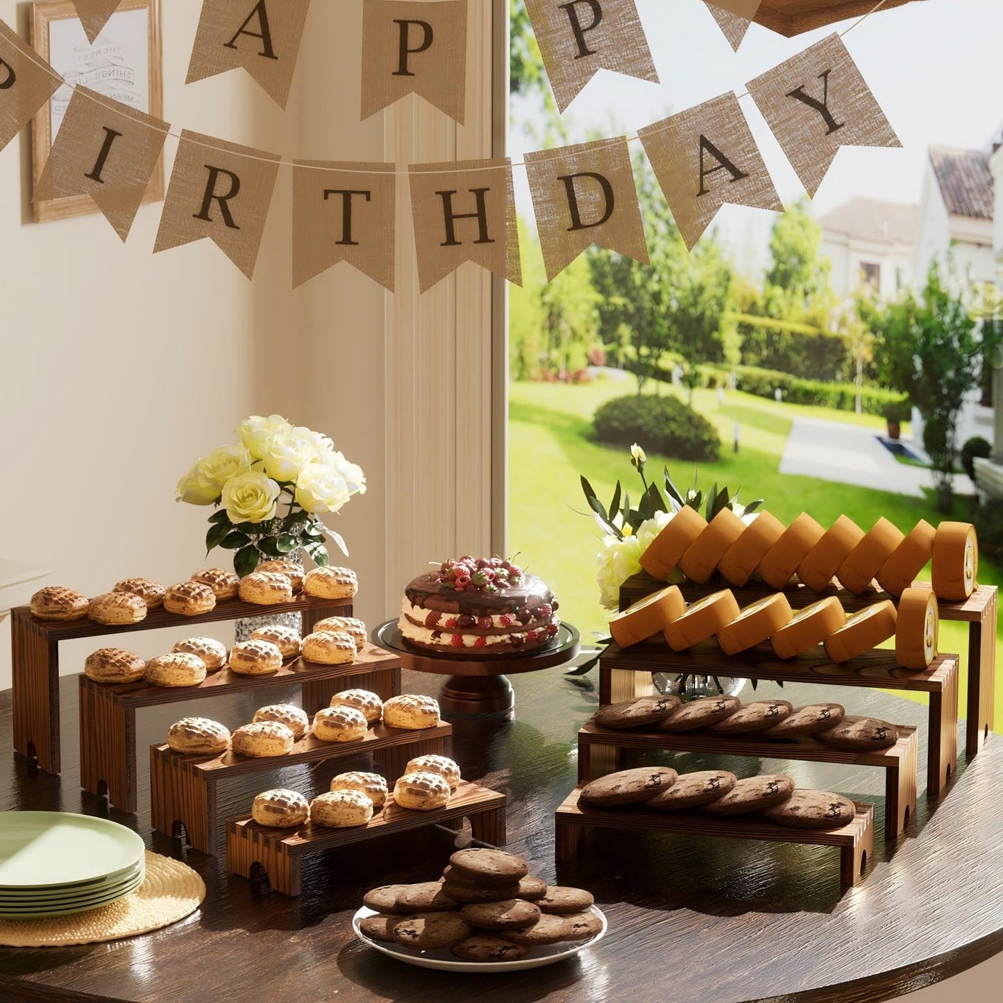2 Set Wooden Tiered Risers Display Stands for Vendor Events,Stackable Wooden Cupcake Display Stand,Farmhouse Decor Wood Dessert Table Display Set,Vendor Booth Display Items,Food Display Risers for Party（12-11.2-10.4-9.6IN）