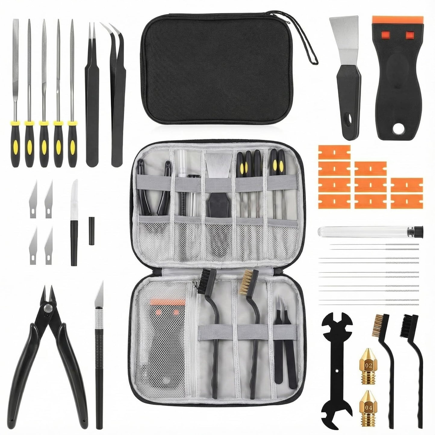 GEYUTHS 34 in 1 3D Printer Tools Kit Essential Accessories for All FDM & SLA 3D Printers Nozzle Cleaning & Filament Removal Scrapers 5 Types of Files, Brushes, Wire Cutter, Engraving Knife