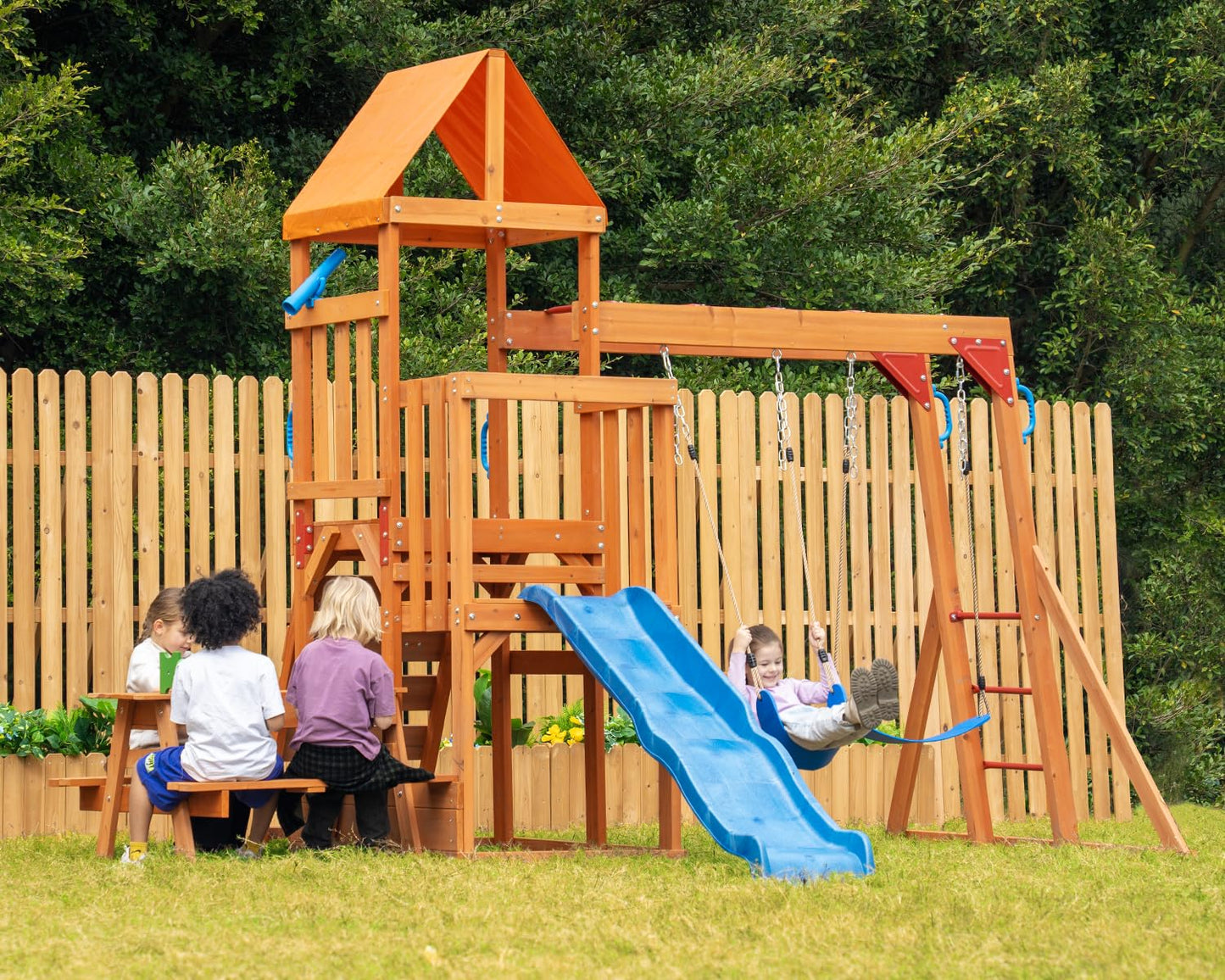 Dolphin Playground Cedar Wooden Swing Sets, Outdoor Playset with Monkey Bar, Heavy Duty Backyard Playset for Kids 3-10, 2-in-1 Picnic Table, 6FT Wave Slide, Climbing Wall, Belt Swings