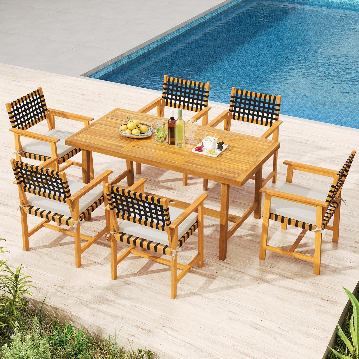 Tangkula 7 Piece Patio Dining Set for 6 People, 63” Outdoor Rectangular Acacia Wood Table with 1.97” Umbrella Hole & 6 Armchairs with Padded Seat Cushions, for Deck Yard and Poolside
