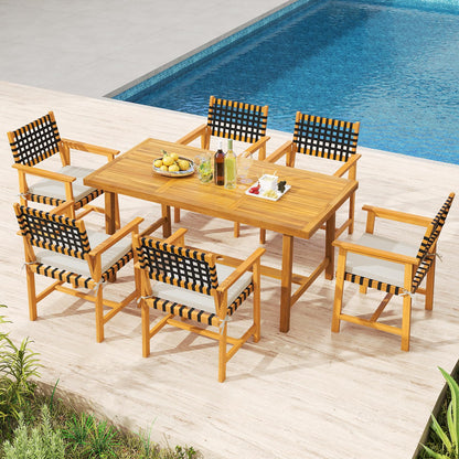 Tangkula 7 Piece Patio Dining Set for 6 People, 63” Outdoor Rectangular Acacia Wood Table with 1.97” Umbrella Hole & 6 Armchairs with Padded Seat Cushions, for Deck Yard and Poolside