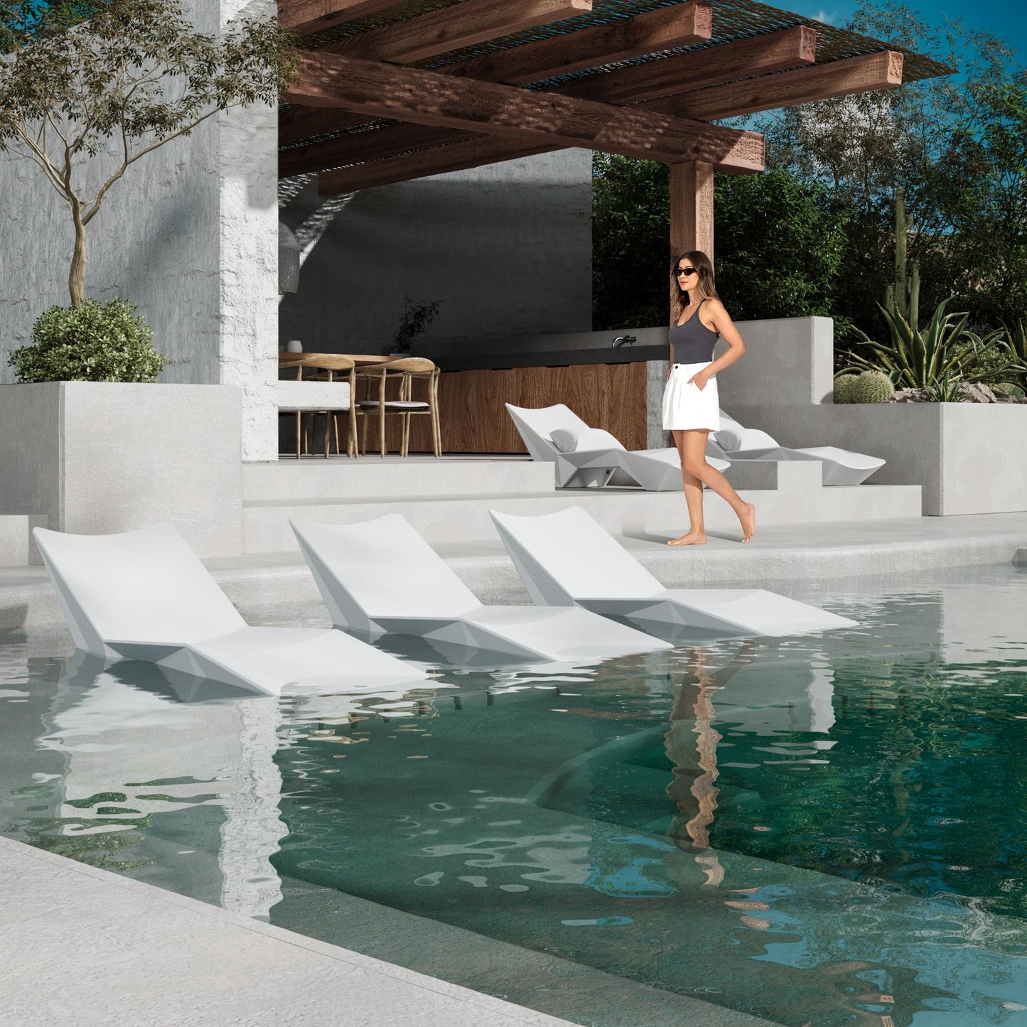 FHVIT in Pool Lounge Chair, Ergonomic Pool Lounger with Weight Box, Fade-Resistant Weatherproof Pool Chairs, Beach Chairs for Sun Shelf, Beach, in Pool & Outdoor Patio White