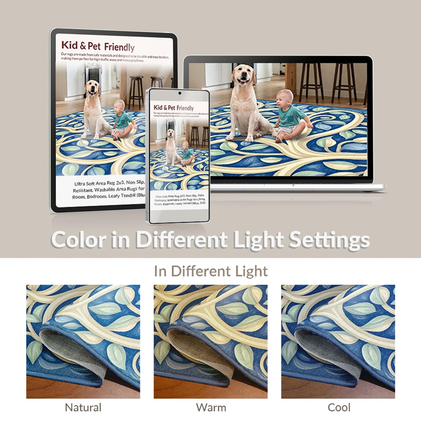 Design&I Low Pile Flatwoven Area Rug 8x10, Premium Zen Relaxation Mat with Eastern Inspired Motifs, Machine Washable, Stain Resistant Indoor Rug for Living Room, Bedroom, Non Slip(Blue, 8x10)