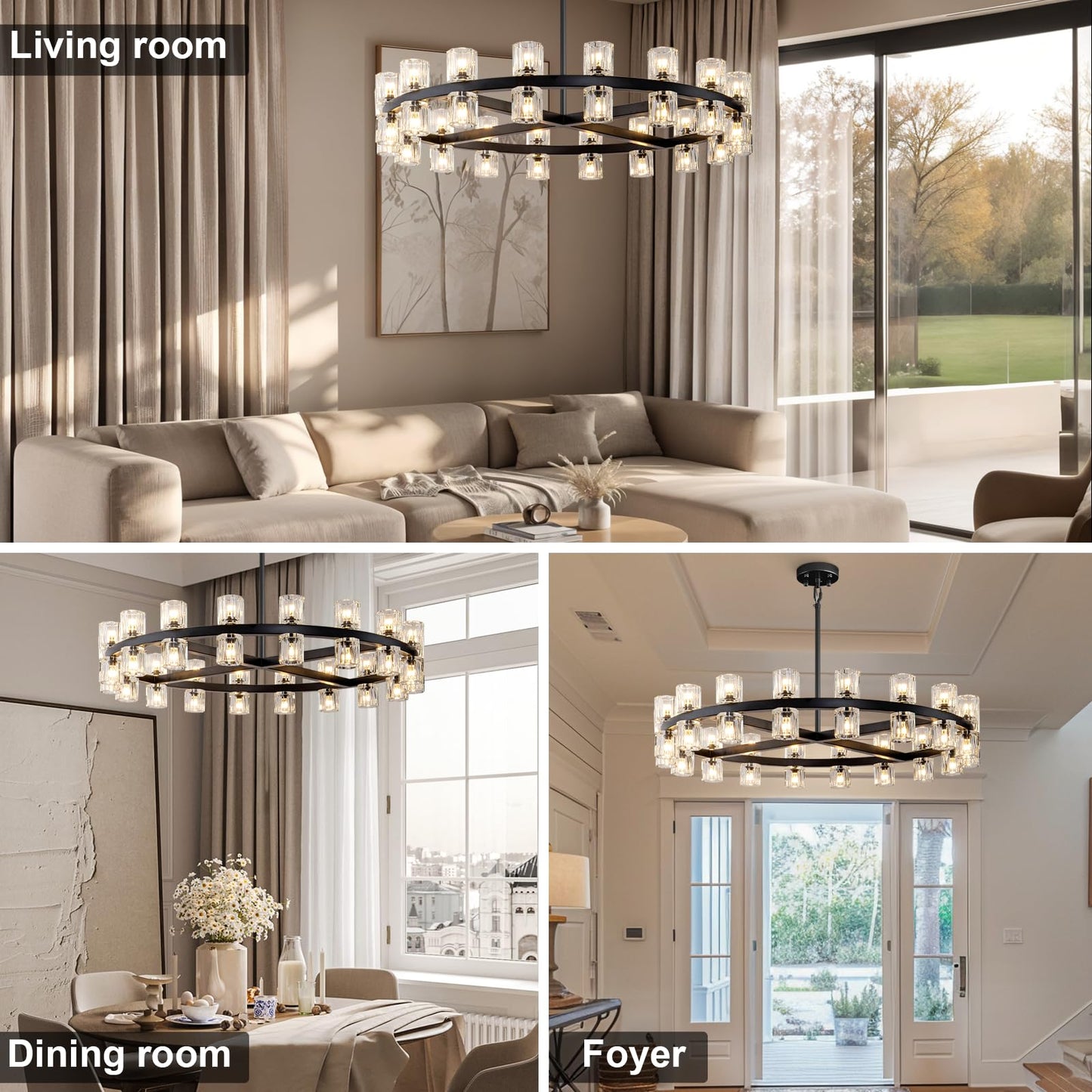 Plsintly Modern Black Crystal Chandelier,36" K9 Crystal Chandeliers for Dining Room Over Table,Wagon Wheel Chandeliers for Dining Room,Living Room,Foyer,Includes 36XG4 Bulbs