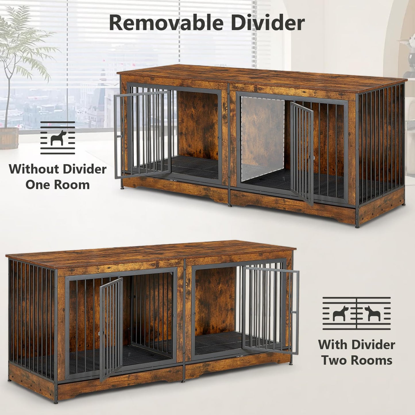 Rovibek 75" Dog Crate Furniture for 2 Dogs, Wooden Extra Large Double Dog Cage Furniture, Decorative Dog Kennels with Double Doors, Indoor Dog Crate TV Stand for Large Dogs, Brown