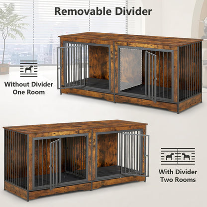 Rovibek 75" Dog Crate Furniture for 2 Dogs, Wooden Extra Large Double Dog Cage Furniture, Decorative Dog Kennels with Double Doors, Indoor Dog Crate TV Stand for Large Dogs, Brown