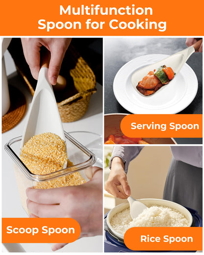 FINENUT Cooking Spoon Multifunction Spoonula Silicone Spatula Spoon 2-Pack, Dual-Use Heat Resistant 446°F, BPA-Free Non-Toxic Wooden Handle Rice Spoon Set for Non-Stick Cookware & Rice Cookers (Khaki)