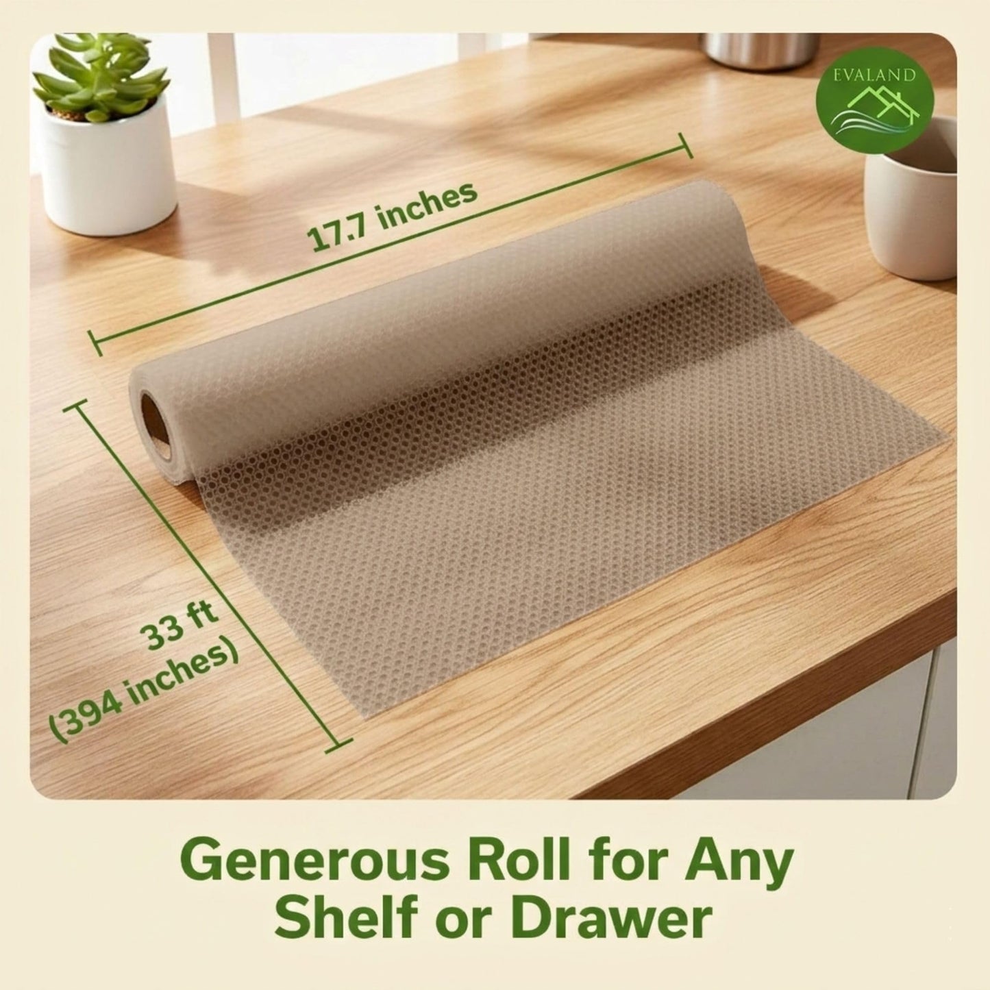 EVALAND Shelf Liners for Kitchen Cabinets Non-Adhesive 17.7" x 33 FT Beige Drawer Liner Non Slip, Washable Cabinet Liner, Waterproof Shelf Liners for Cabinets, Refrigerator Bathroom Pantry - Thickened
