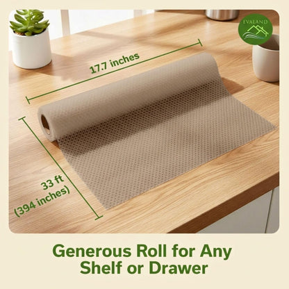 EVALAND Shelf Liners for Kitchen Cabinets Non-Adhesive 17.7" x 33 FT Beige Drawer Liner Non Slip, Washable Cabinet Liner, Waterproof Shelf Liners for Cabinets, Refrigerator Bathroom Pantry - Thickened