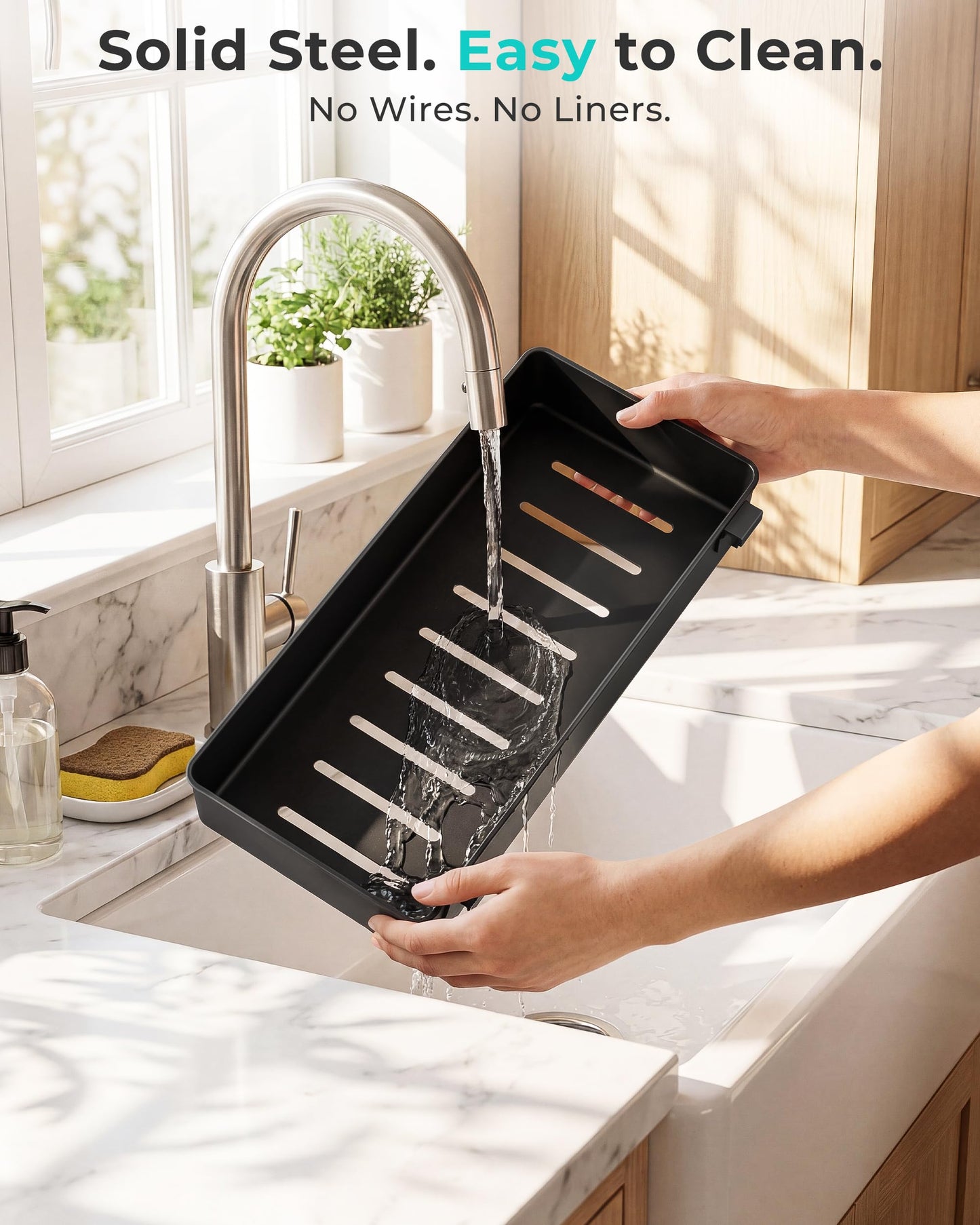 EVERIE Height Adjustable 2 Tier Metal Pull Out Slide Shelf Organizer for Under Sink Cabinets in Kitchen, Bathroom, with Snap-on Top Tray, 16" Deep (Black, 2 Sets)
