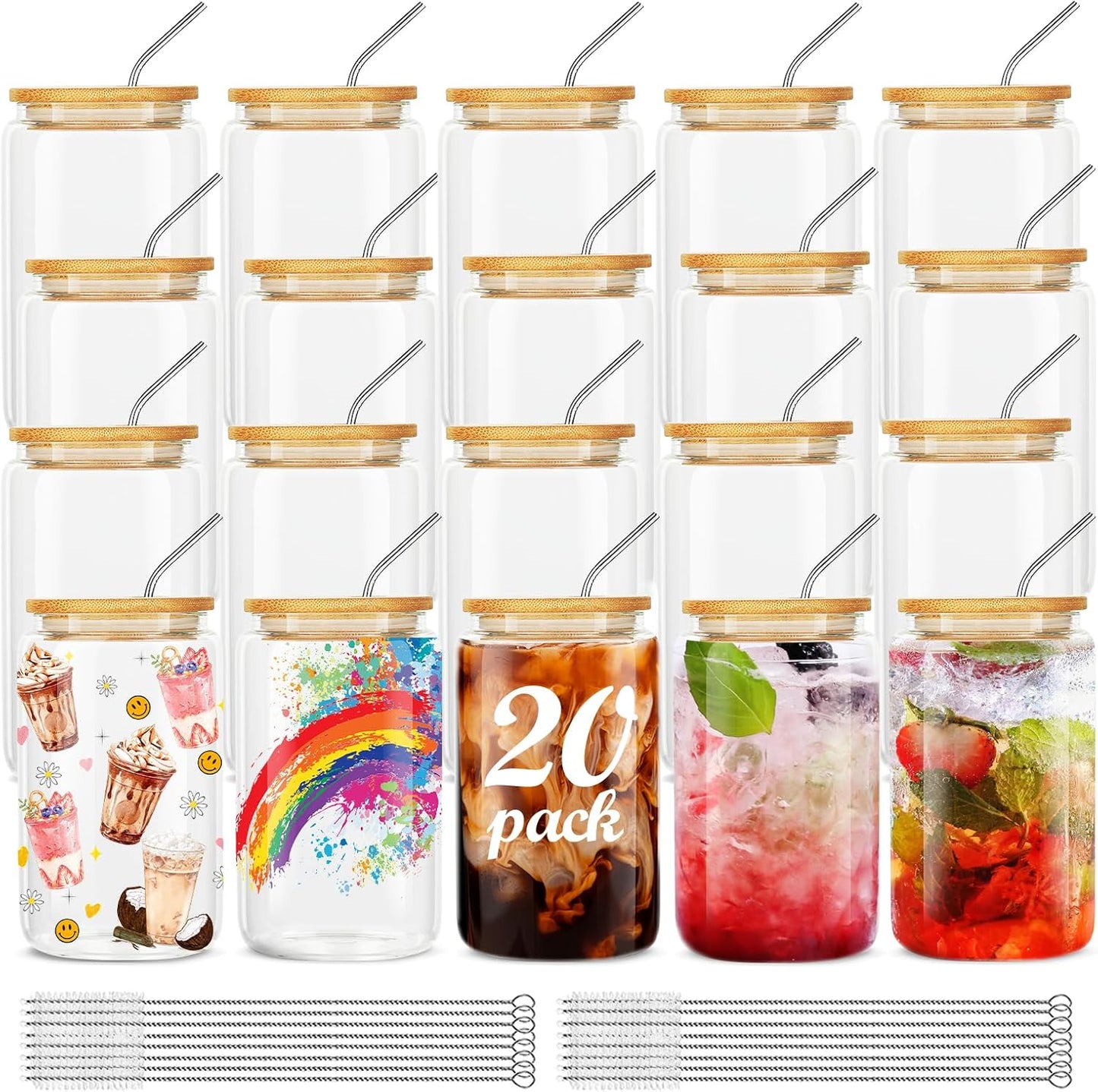 20Pcs Straws,16Oz Set,Water ASKIZ Glass Cups With Bamboo Lids and Ice Coffee Cup,Drinking Glasses Cups Bottles Glasses