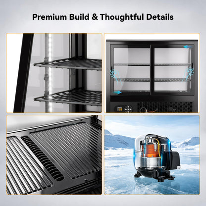 Tylza Commercial Refrigerator Display Case, 3.5 Cu.Ft/100L Countertop Refrigerated Showcase, White LED Lighting, Double Glass Door, 36-54°F, Auto Defrost for Bakery, Cafe, Store