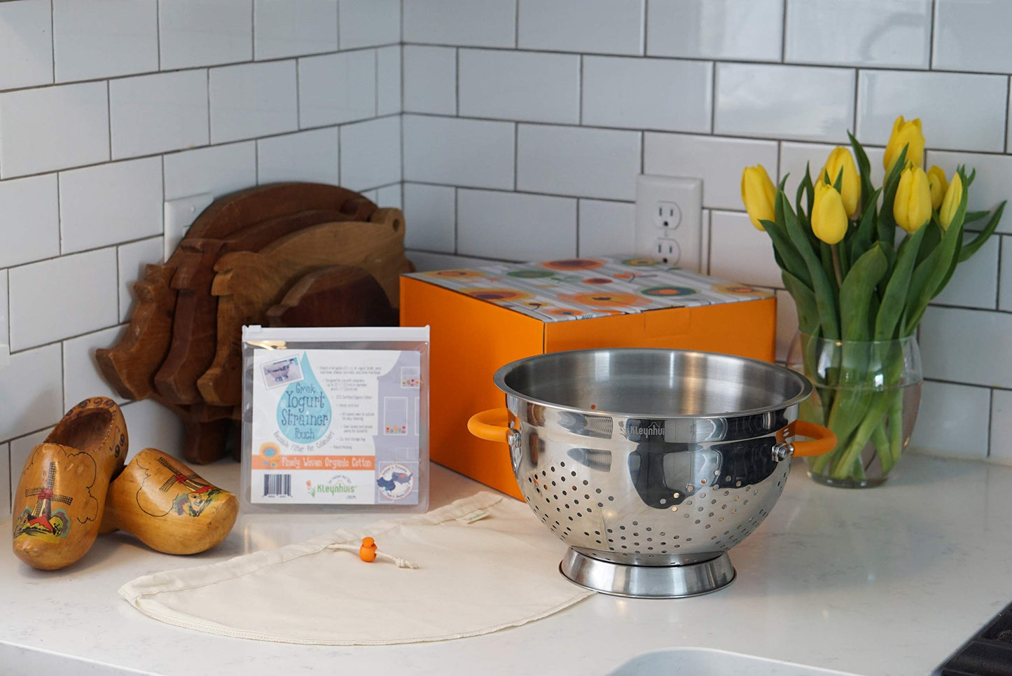 Kleynhuis Greek Yogurt Strainer Set: Stainless Steel Colander & Bowl with Organic Cotton Strainer Pouch | Premium Greek Yogurt Maker, Large 5-Quart Size