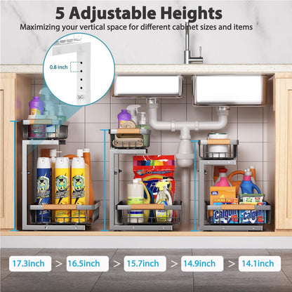 Liuoud Under Sink Organizer 2 Pack, 2 Tier Slide Out Large Capacity Height Adjustable Under Sink Organizers and Storage for Kitchen Bathroom Cabinet, Grey