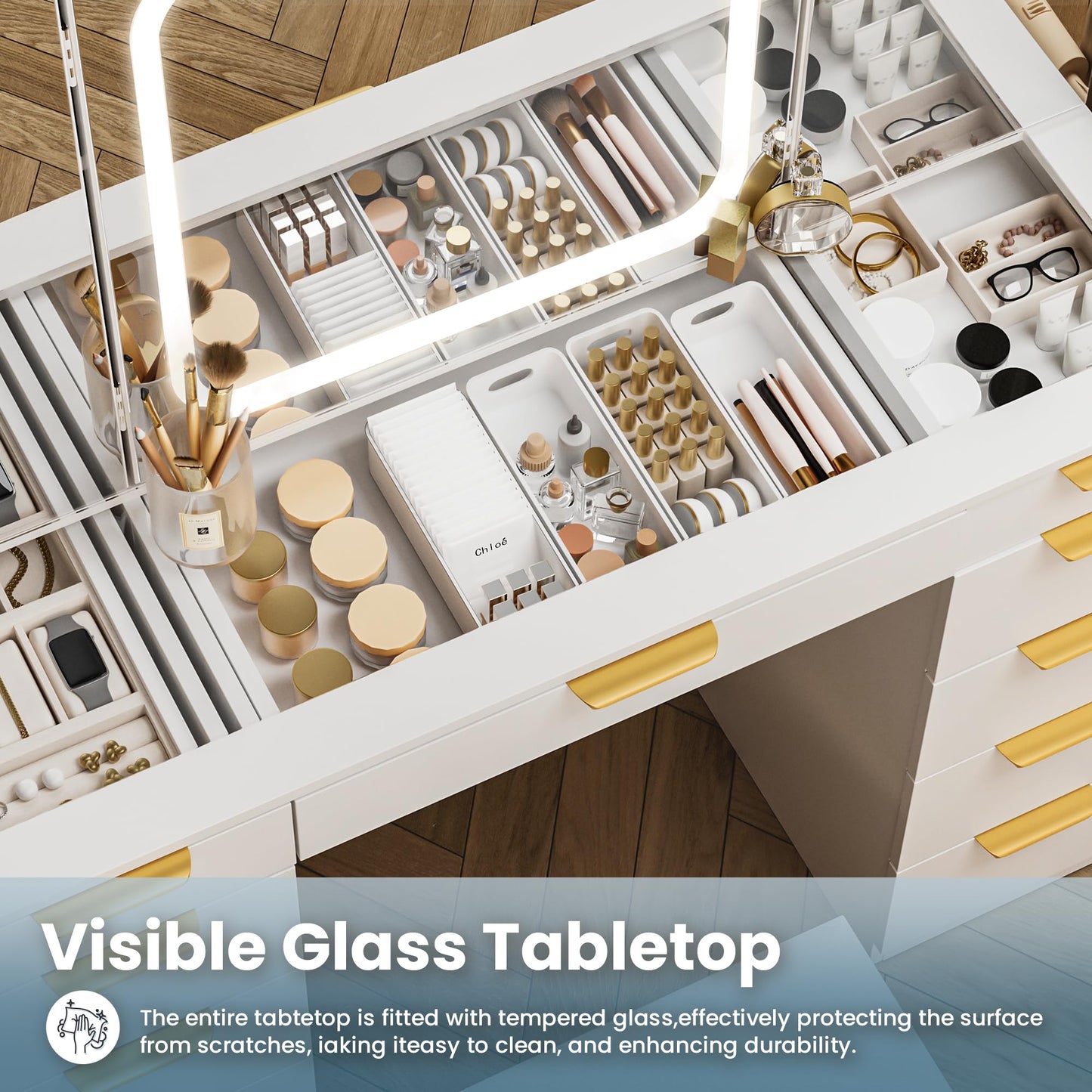Fkhouse Glass Top Vanity Desk with Foldable Mirror and Lights, 11 Drawers Makeup Vanity with Charging Station, 3 Lighting Modes Dressing Table with Chair, White