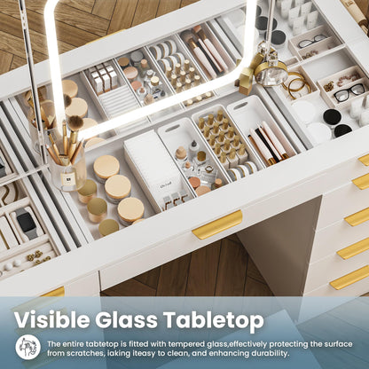 Fkhouse Glass Top Vanity Desk with Foldable Mirror and Lights, 11 Drawers Makeup Vanity with Charging Station, 3 Lighting Modes Dressing Table with Chair, White