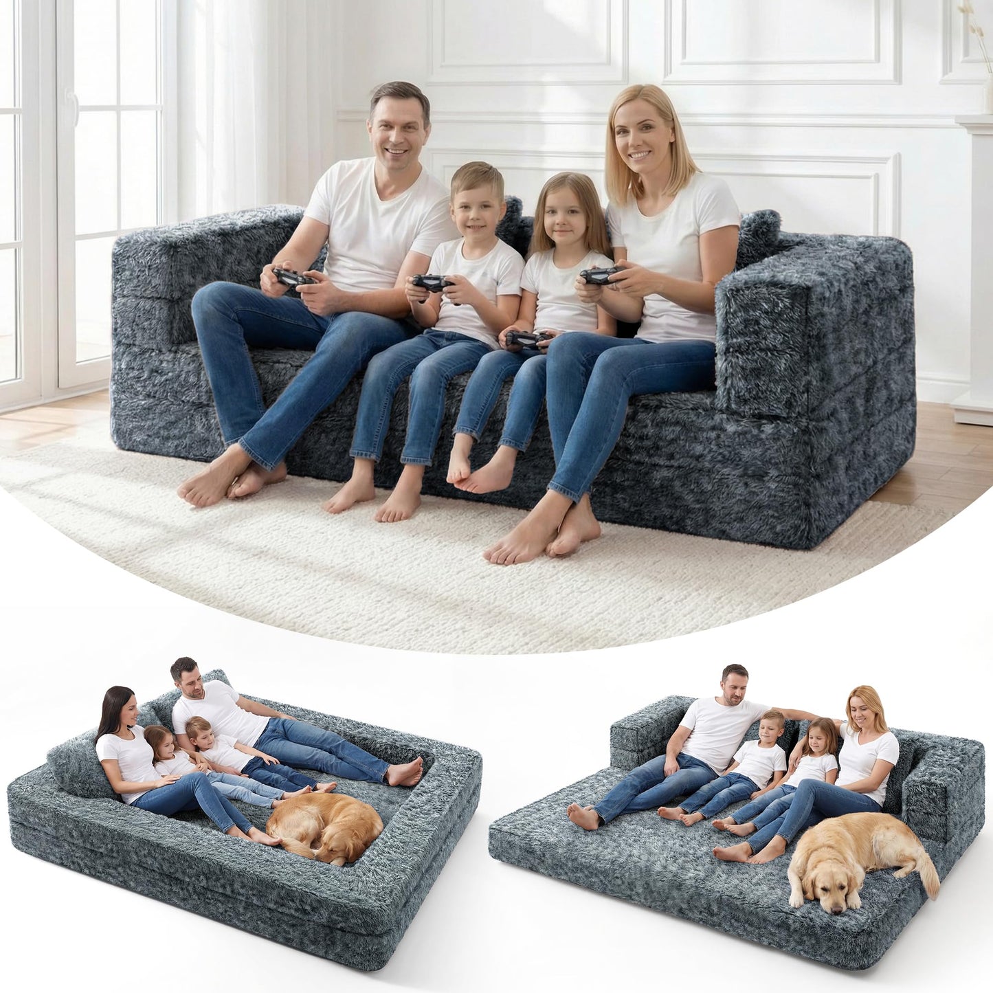 HABUTWAY Convertible Sofa Bed, 3-in-1 Futon Sofa Bed with Pillow, Foldable Pull Out Floor Sofa Bed with Removable Cover, Plush Boneless Couch for Living Room/Bedroom/Dorm