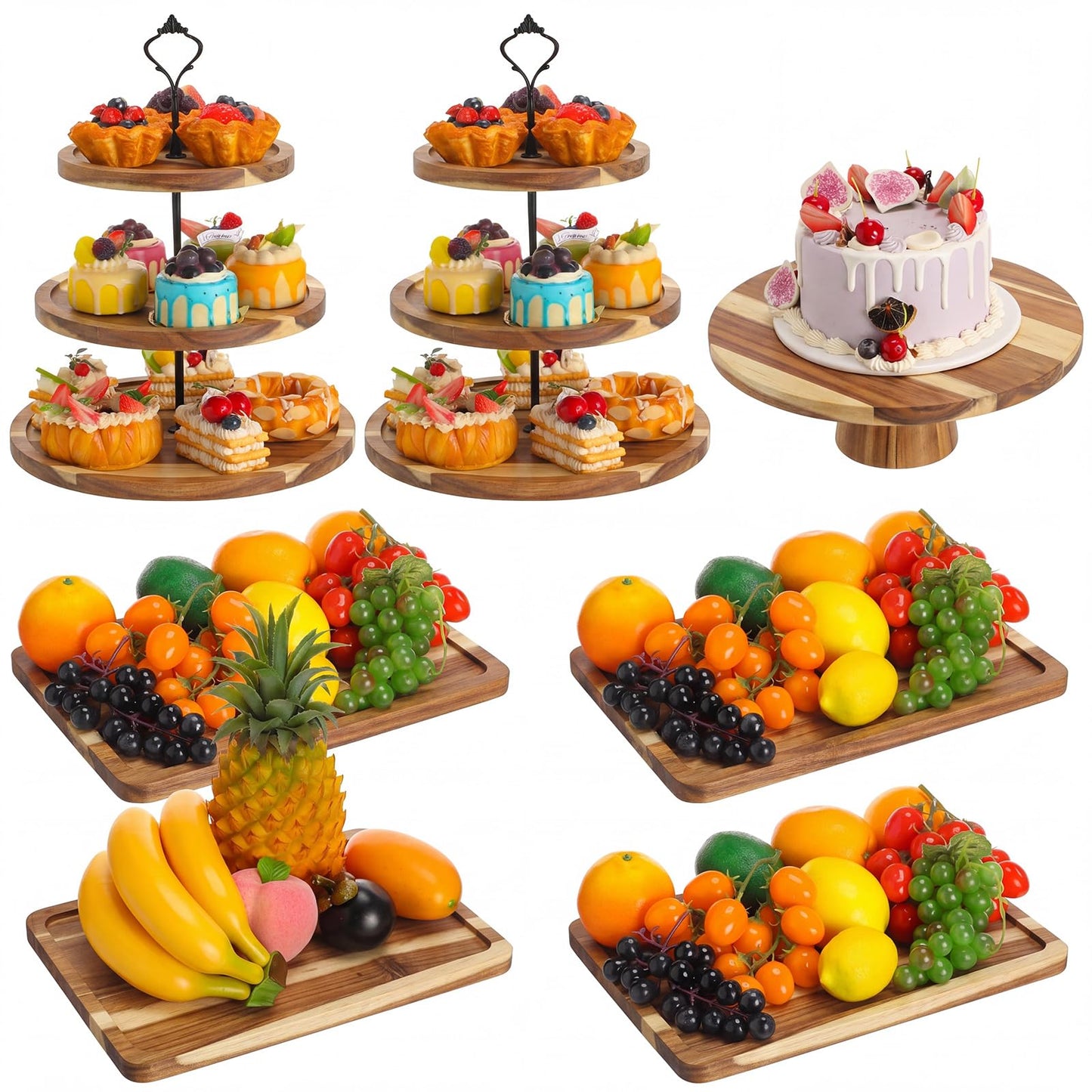 RattanView 7 Pcs Wood Dessert Table Display Set Wooden 3 Tie Cupcake Stands Rustic Round Cake Stand Wood Dessert Serving Trays for Wedding Baby Shower Birthday Tea Party(Brown)