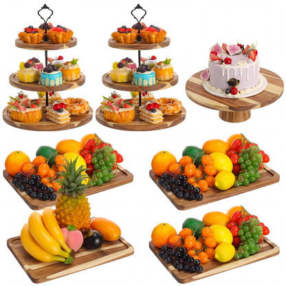 RattanView 7 Pcs Wood Dessert Table Display Set Wooden 3 Tie Cupcake Stands Rustic Round Cake Stand Wood Dessert Serving Trays for Wedding Baby Shower Birthday Tea Party(Brown)