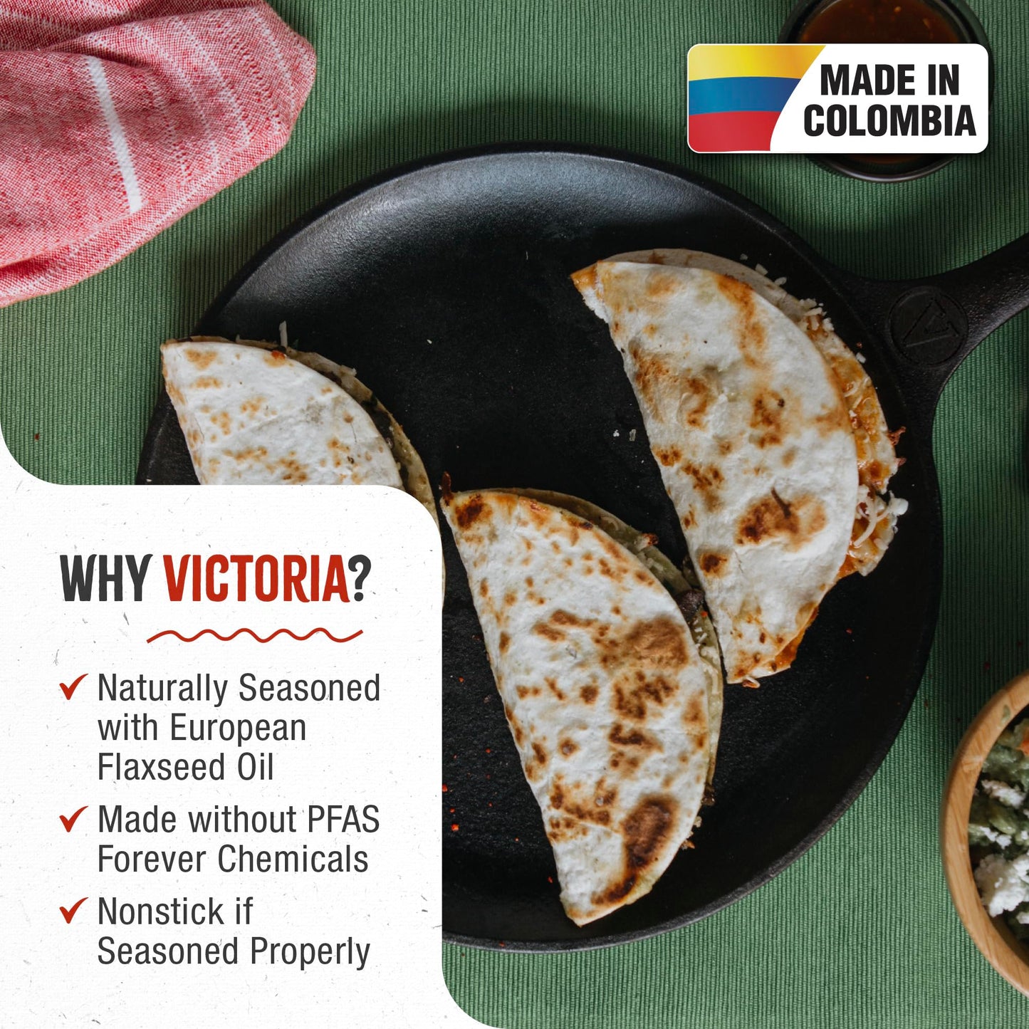 Victoria 10.5-Inch Cast Iron Comal Griddle Pan with a Long Handle, Preseasoned with Flaxseed Oil, Made in Colombia