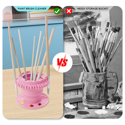 SESENSE Paint Brush Cleaner - Foldable Silicone Paint Brush Cleaner Rinse Cup with Palette and 40 Brush Storage Holder for Classroom Studio Outdoor Painting (1, Pink)