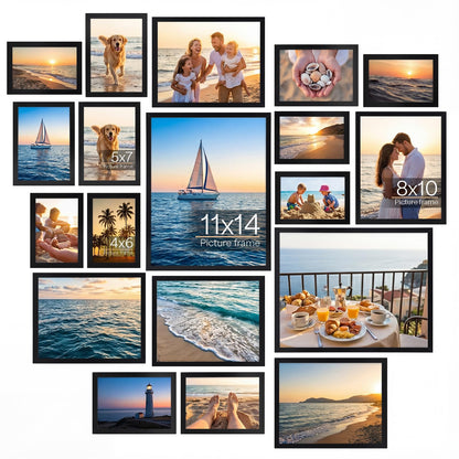 WIFTREY 18 Pack Picture Frames Collage Wall Decor, Black Gallery Photo Frame Set for Mounting or Tabletop Display, Multi Sizes Including 6pcs 4x6, 6pcs 5x7, 4pcs 8x10, 2pcs 11x14
