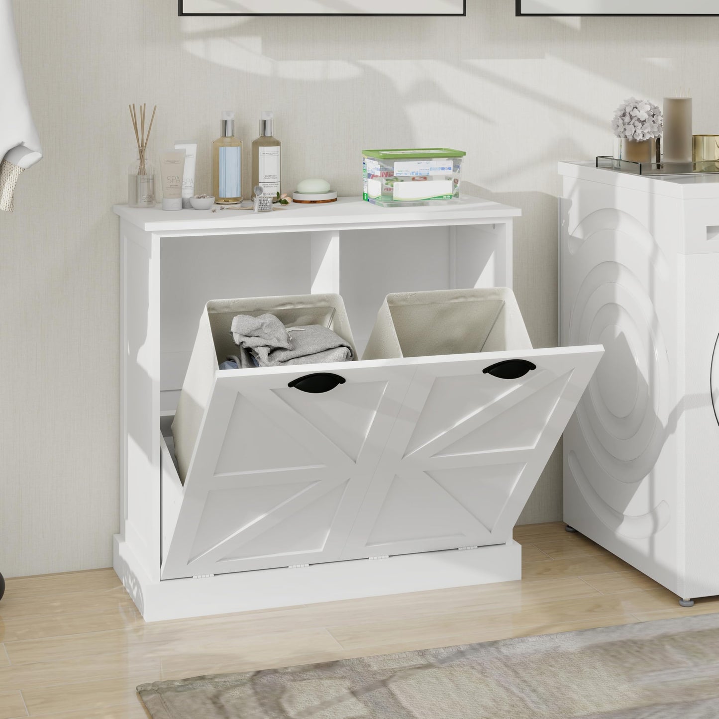 Two Compartment Tilt Out Laundry Sorter Cabinet White WF804