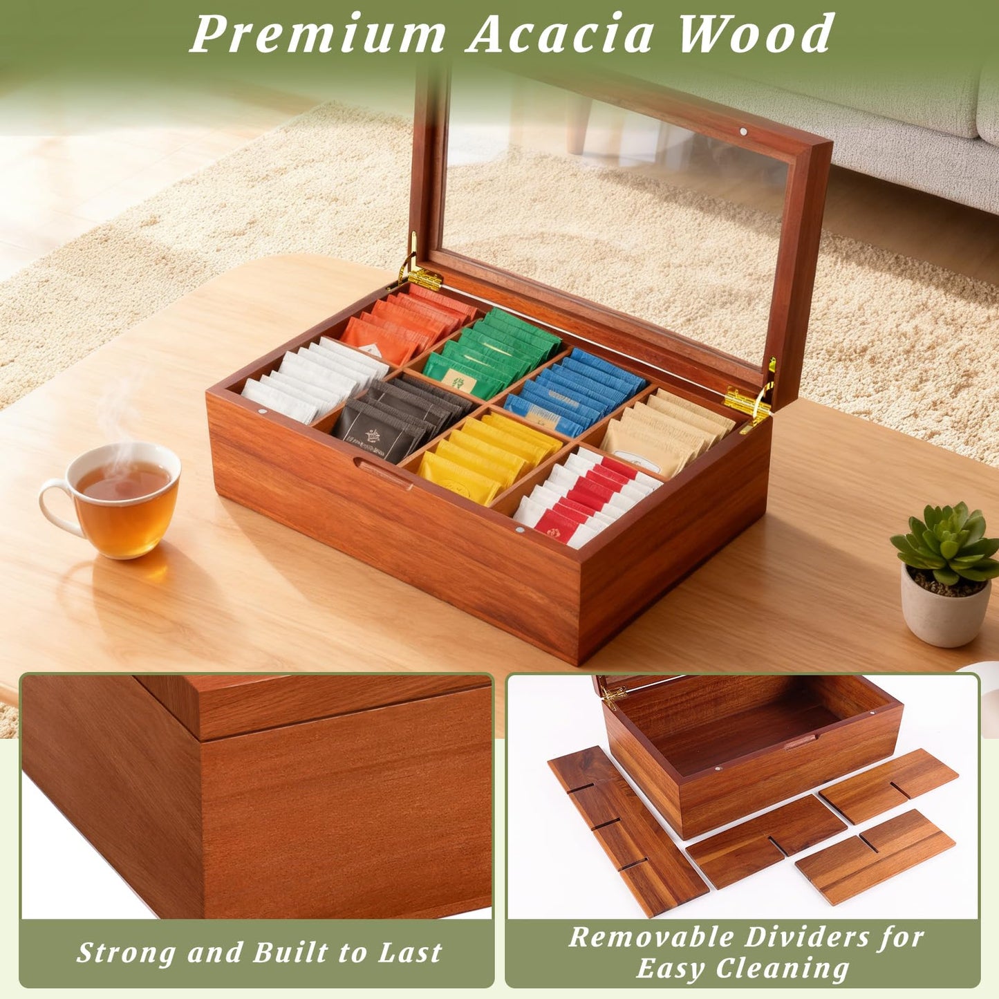 LANNEY Tea Bag Organizer - Acacia Wooden Tea Box Organizer Storage Box, Bag Holder Container with 8 Removable Compartments, Clear Window and Magnetic Lid for Coffee Sugar Countertop Kitchen Cabinet