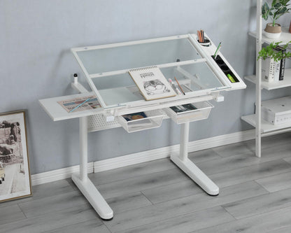 GOWE Hand Crank Adjustable Drafting Table Drawing Desk with 2 Metal Drawers (White) with Stool