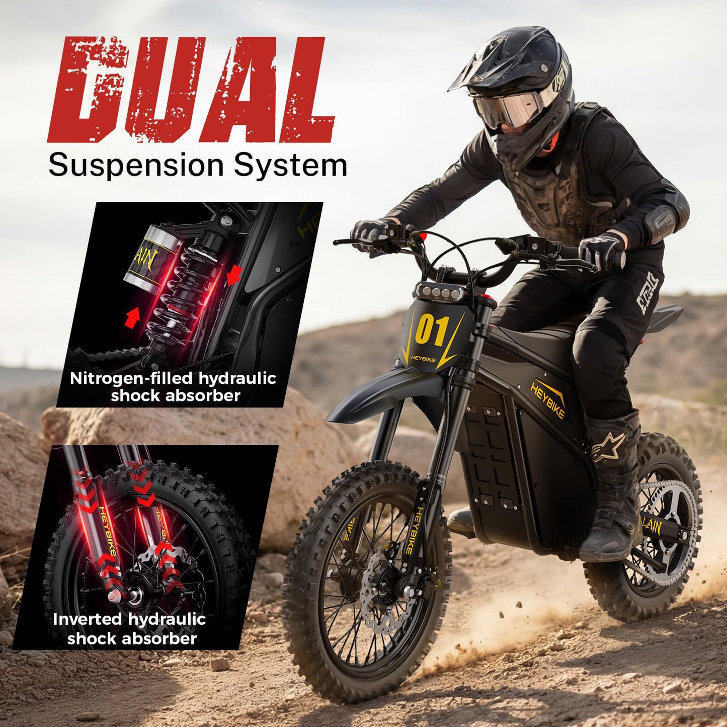 Heybike Villain Electric Dirt Bike, 4160W E Dirt Bike with 52V 26AH Battery, 14"/12" Fat Tire Electric Motorcycle for Teens, Max 45MPH Ebike with Reversing Function（Standard; Inky Black）
