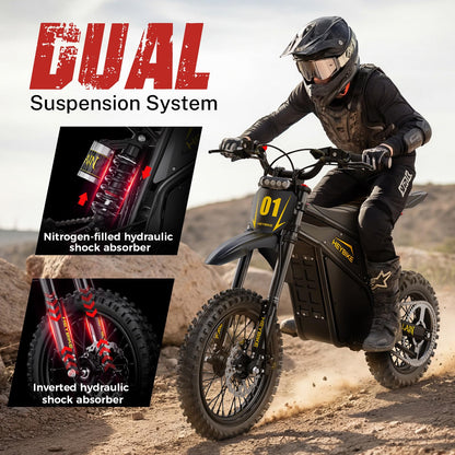 Heybike Villain Electric Dirt Bike, 4160W E Dirt Bike with 52V 26AH Battery, 14"/12" Fat Tire Electric Motorcycle for Teens, Max 45MPH Ebike with Reversing Function（Standard; Inky Black）