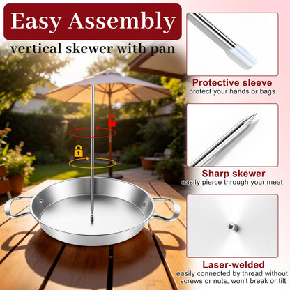 Al Pastor Skewer for Grill, HaSteeL Stainless Steel Shawarma Pan, Vertical Skewer Stand with 3 Removable Spikes(8"/10"/12") & Brush, Ideal for Tacos Al Pastor, Gyros, Shawarma Kebabs, Dishwasher Safe