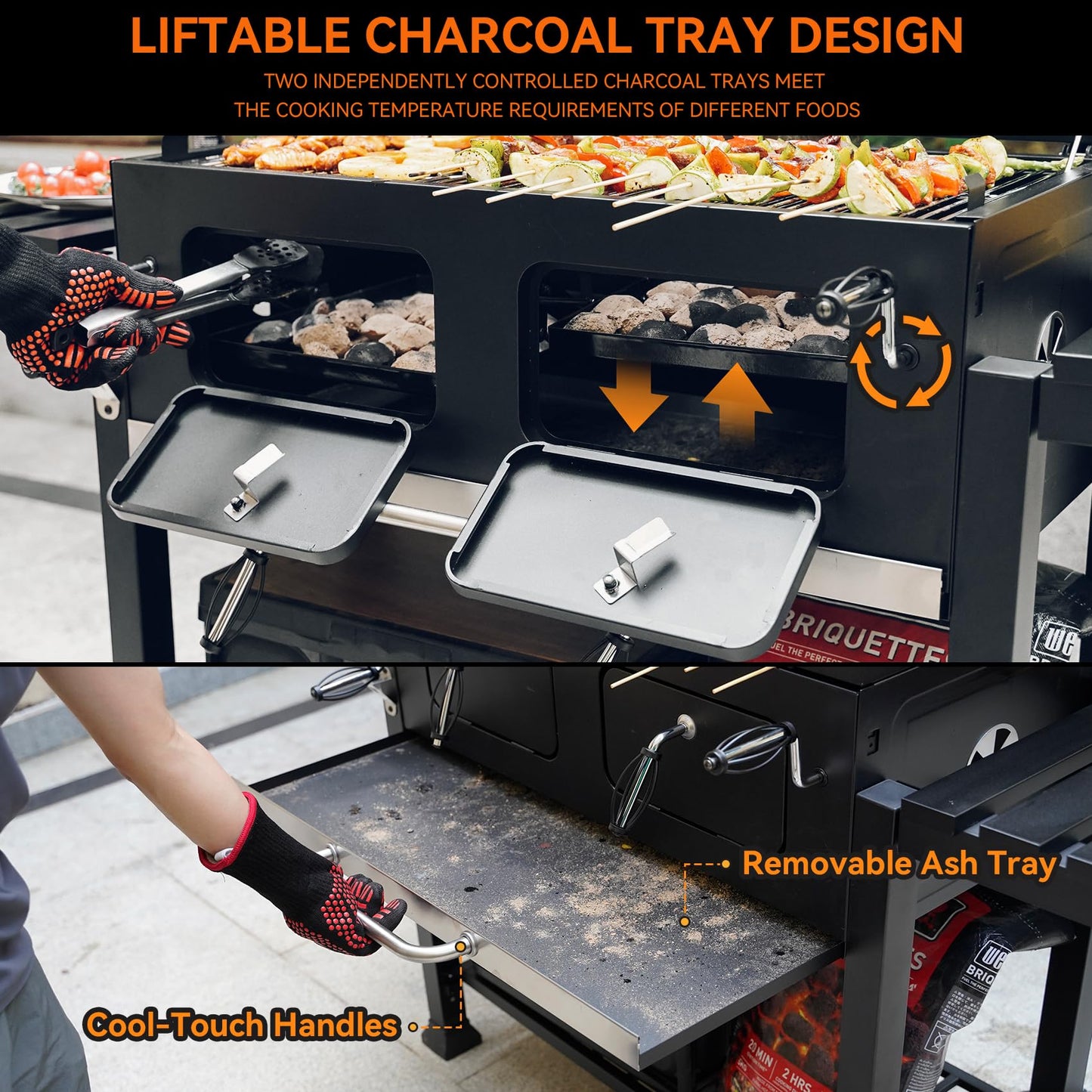 ONLYFIRE GRILLS Large BBQ Charcoal Grill with Cart & 2 Liftable Charcoal Trays, 794 SQ.IN Cooking Area, Heavy Duty Outdoor Barbecue Grill with Foldable Side Tables, Wheels & Cover, GS339