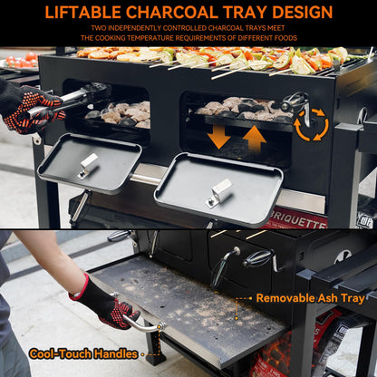 ONLYFIRE GRILLS Large BBQ Charcoal Grill with Cart & 2 Liftable Charcoal Trays, 794 SQ.IN Cooking Area, Heavy Duty Outdoor Barbecue Grill with Foldable Side Tables, Wheels & Cover, GS339